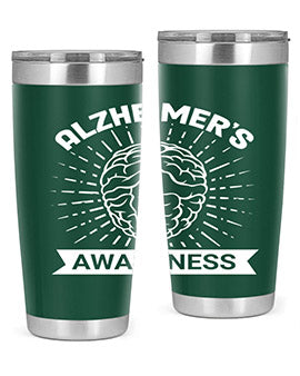 Alzheimer's Awareness 20oz Tumbler featuring double wall vacuum insulation and a drink-thru lid, designed for hot and cold beverages.