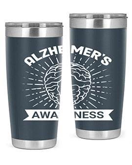 Alzheimer's Awareness 20oz Tumbler featuring double wall vacuum insulation and a drink-thru lid, designed for hot and cold beverages.