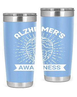 Alzheimer's Awareness 20oz Tumbler featuring double wall vacuum insulation and a drink-thru lid, designed for hot and cold beverages.