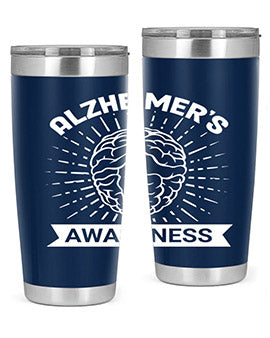 Alzheimer's Awareness 20oz Tumbler featuring double wall vacuum insulation and a drink-thru lid, designed for hot and cold beverages.