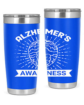 Alzheimer's Awareness 20oz Tumbler featuring double wall vacuum insulation and a drink-thru lid, designed for hot and cold beverages.