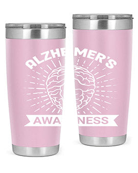 Alzheimer's Awareness 20oz Tumbler featuring double wall vacuum insulation and a drink-thru lid, designed for hot and cold beverages.