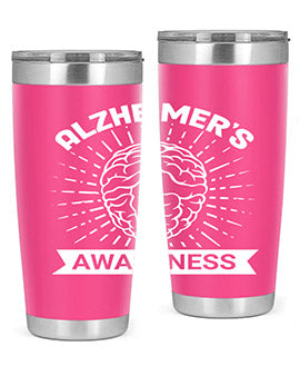Alzheimer's Awareness 20oz Tumbler featuring double wall vacuum insulation and a drink-thru lid, designed for hot and cold beverages.
