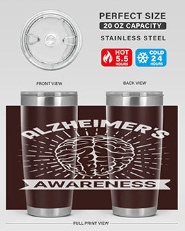 Alzheimer's Awareness 20oz Tumbler featuring double wall vacuum insulation and a drink-thru lid, designed for hot and cold beverages.