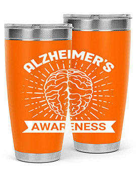 Alzheimer's Awareness 20oz Tumbler featuring double wall vacuum insulation and a drink-thru lid, designed for hot and cold beverages.