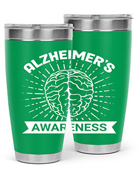 Alzheimer's Awareness 20oz Tumbler featuring double wall vacuum insulation and a drink-thru lid, designed for hot and cold beverages.