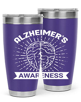 Alzheimer's Awareness 20oz Tumbler featuring double wall vacuum insulation and a drink-thru lid, designed for hot and cold beverages.