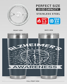 Alzheimer's Awareness 20oz Tumbler featuring double wall vacuum insulation and a drink-thru lid, designed for hot and cold beverages.