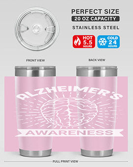 Alzheimer's Awareness 20oz Tumbler featuring double wall vacuum insulation and a drink-thru lid, designed for hot and cold beverages.