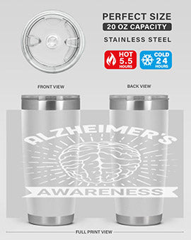 Alzheimer's Awareness 20oz Tumbler featuring double wall vacuum insulation and a drink-thru lid, designed for hot and cold beverages.