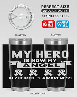 Alzheimer's Awareness 20oz tumbler featuring a double wall vacuum design, copper lining, and a drink-thru lid, perfect for hot and cold beverages.