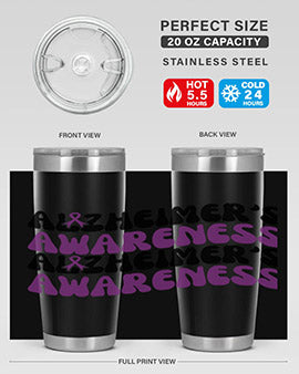 Alzheimer's Awareness Tumbler featuring a sleek design, available in 20oz and 30oz sizes, made from stainless steel with a drink-thru lid.