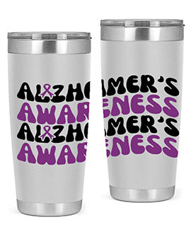 Alzheimer's Awareness Tumbler featuring a sleek design, available in 20oz and 30oz sizes, made from stainless steel with a drink-thru lid.
