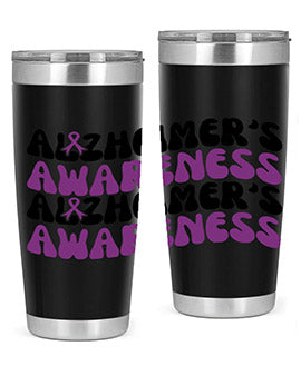 Alzheimer's Awareness Tumbler featuring a sleek design, available in 20oz and 30oz sizes, made from stainless steel with a drink-thru lid.