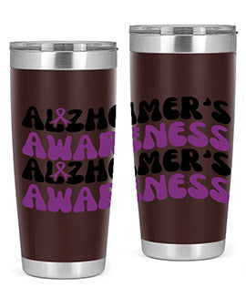 Alzheimer's Awareness Tumbler featuring a sleek design, available in 20oz and 30oz sizes, made from stainless steel with a drink-thru lid.