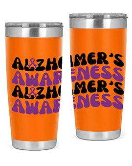 Alzheimer's Awareness Tumbler featuring a sleek design, available in 20oz and 30oz sizes, made from stainless steel with a drink-thru lid.