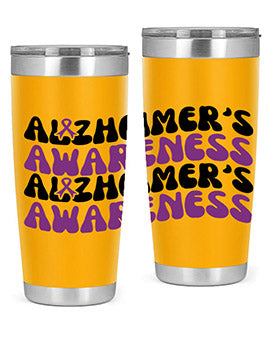 Alzheimer's Awareness Tumbler featuring a sleek design, available in 20oz and 30oz sizes, made from stainless steel with a drink-thru lid.