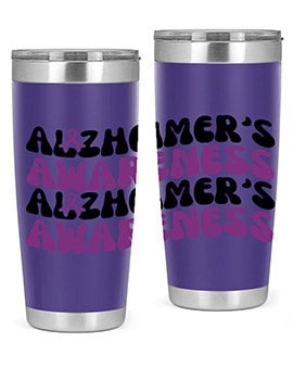 Alzheimer's Awareness Tumbler featuring a sleek design, available in 20oz and 30oz sizes, made from stainless steel with a drink-thru lid.