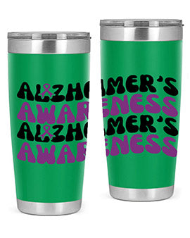 Alzheimer's Awareness Tumbler featuring a sleek design, available in 20oz and 30oz sizes, made from stainless steel with a drink-thru lid.