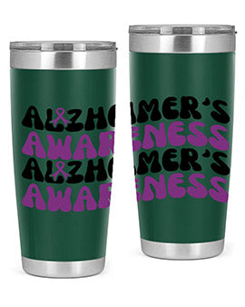Alzheimer's Awareness Tumbler featuring a sleek design, available in 20oz and 30oz sizes, made from stainless steel with a drink-thru lid.