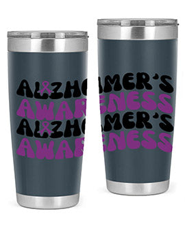 Alzheimer's Awareness Tumbler featuring a sleek design, available in 20oz and 30oz sizes, made from stainless steel with a drink-thru lid.