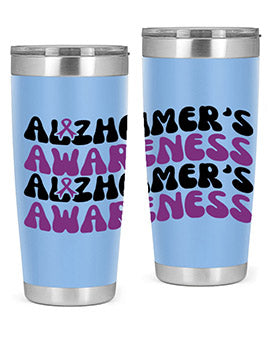 Alzheimer's Awareness Tumbler featuring a sleek design, available in 20oz and 30oz sizes, made from stainless steel with a drink-thru lid.