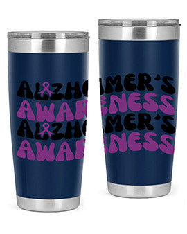 Alzheimer's Awareness Tumbler featuring a sleek design, available in 20oz and 30oz sizes, made from stainless steel with a drink-thru lid.
