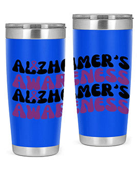 Alzheimer's Awareness Tumbler featuring a sleek design, available in 20oz and 30oz sizes, made from stainless steel with a drink-thru lid.