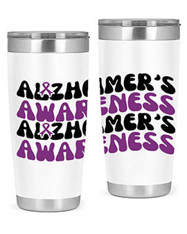 Alzheimer's Awareness Tumbler featuring a sleek design, available in 20oz and 30oz sizes, made from stainless steel with a drink-thru lid.