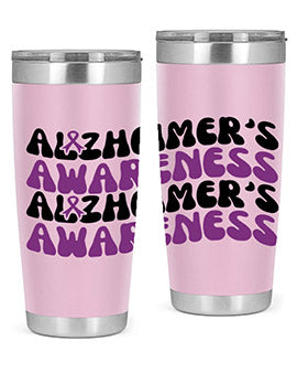 Alzheimer's Awareness Tumbler featuring a sleek design, available in 20oz and 30oz sizes, made from stainless steel with a drink-thru lid.