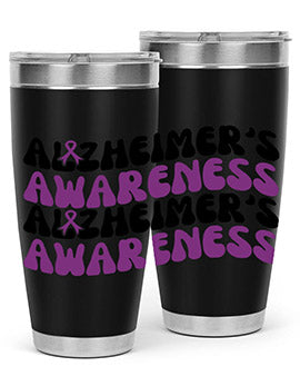 Alzheimer's Awareness Tumbler featuring a sleek design, available in 20oz and 30oz sizes, made from stainless steel with a drink-thru lid.