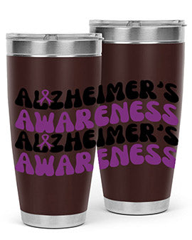 Alzheimer's Awareness Tumbler featuring a sleek design, available in 20oz and 30oz sizes, made from stainless steel with a drink-thru lid.
