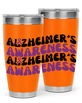 Alzheimer's Awareness Tumbler featuring a sleek design, available in 20oz and 30oz sizes, made from stainless steel with a drink-thru lid.
