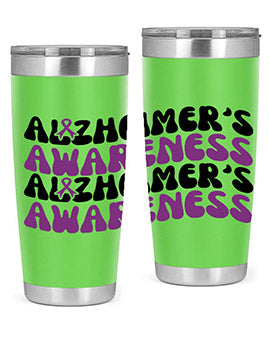 Alzheimer's Awareness Tumbler featuring a sleek design, available in 20oz and 30oz sizes, made from stainless steel with a drink-thru lid.