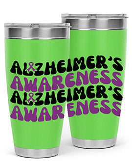 Alzheimer's Awareness Tumbler featuring a sleek design, available in 20oz and 30oz sizes, made from stainless steel with a drink-thru lid.