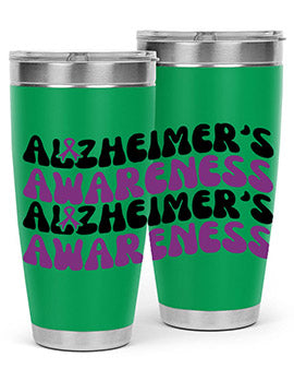 Alzheimer's Awareness Tumbler featuring a sleek design, available in 20oz and 30oz sizes, made from stainless steel with a drink-thru lid.