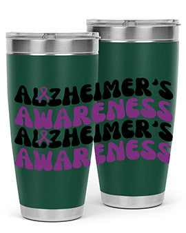 Alzheimer's Awareness Tumbler featuring a sleek design, available in 20oz and 30oz sizes, made from stainless steel with a drink-thru lid.
