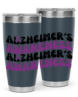 Alzheimer's Awareness Tumbler featuring a sleek design, available in 20oz and 30oz sizes, made from stainless steel with a drink-thru lid.