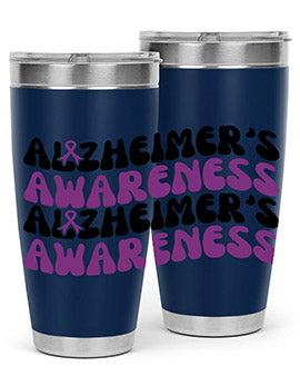 Alzheimer's Awareness Tumbler featuring a sleek design, available in 20oz and 30oz sizes, made from stainless steel with a drink-thru lid.