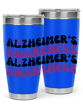 Alzheimer's Awareness Tumbler featuring a sleek design, available in 20oz and 30oz sizes, made from stainless steel with a drink-thru lid.