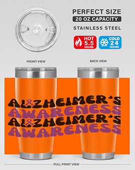 Alzheimer's Awareness Tumbler featuring a sleek design, available in 20oz and 30oz sizes, made from stainless steel with a drink-thru lid.