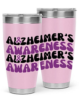 Alzheimer's Awareness Tumbler featuring a sleek design, available in 20oz and 30oz sizes, made from stainless steel with a drink-thru lid.