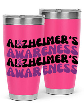 Alzheimer's Awareness Tumbler featuring a sleek design, available in 20oz and 30oz sizes, made from stainless steel with a drink-thru lid.