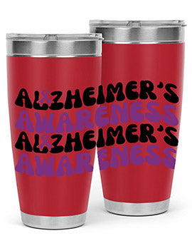 Alzheimer's Awareness Tumbler featuring a sleek design, available in 20oz and 30oz sizes, made from stainless steel with a drink-thru lid.
