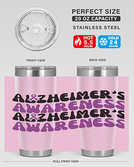 Alzheimer's Awareness Tumbler featuring a sleek design, available in 20oz and 30oz sizes, made from stainless steel with a drink-thru lid.