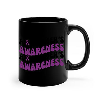 Alzheimer's Awareness Mug featuring a glossy finish and colorful handle, available in multiple sizes.