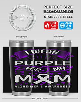 Alzheimer's Awareness Tumbler in 20oz and 30oz sizes, showcasing double wall vacuum stainless steel design with a drink-thru lid.