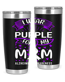 Alzheimer's Awareness Tumbler in 20oz and 30oz sizes, showcasing double wall vacuum stainless steel design with a drink-thru lid.