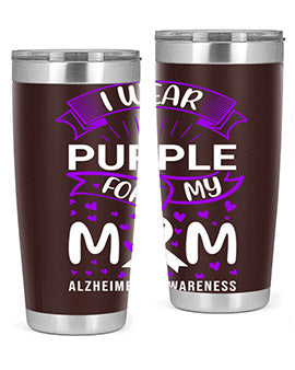 Alzheimer's Awareness Tumbler in 20oz and 30oz sizes, showcasing double wall vacuum stainless steel design with a drink-thru lid.