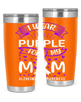 Alzheimer's Awareness Tumbler in 20oz and 30oz sizes, showcasing double wall vacuum stainless steel design with a drink-thru lid.